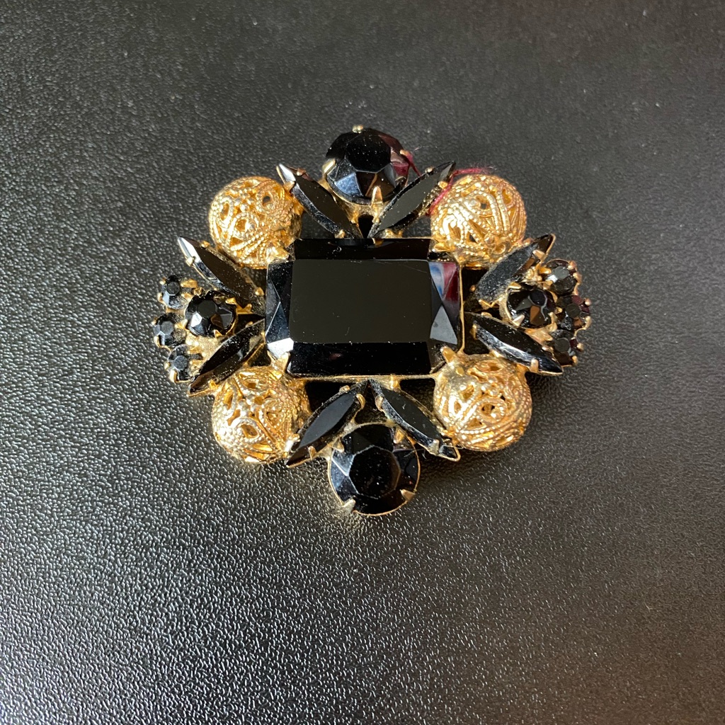Juliana D&E Black Rhinestone Brooch With Filigree Ball Accents